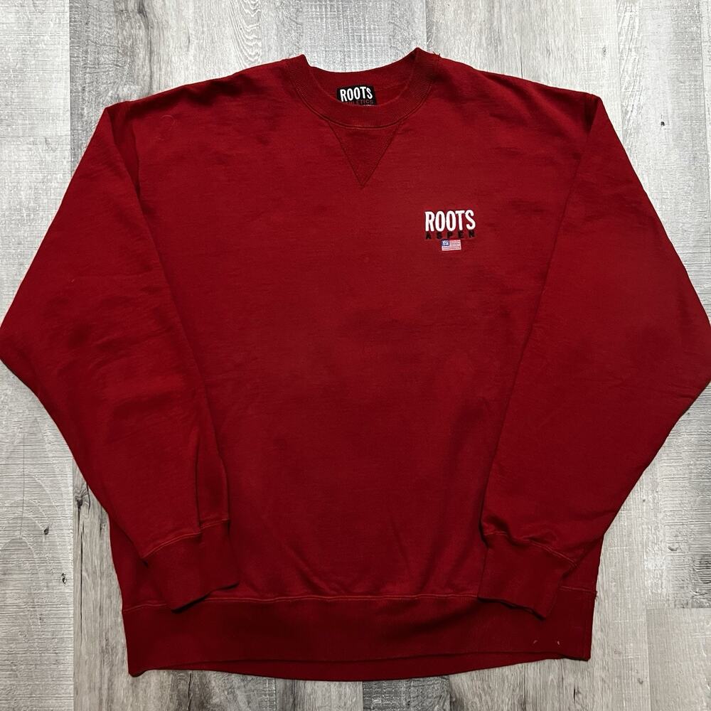 Vintage ROOTS Aspen Heavy Cotton Red Crewneck Ski Sweatshirt 90s Y2K Sz 2XL